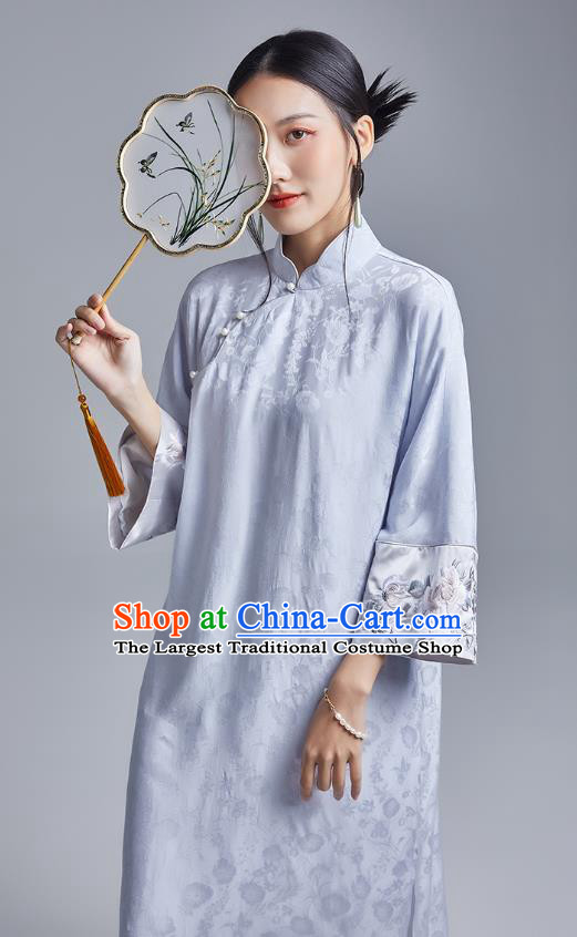 China Classical Embroidered Brocade Cheongsam Costume Traditional Young Lady Blue Silk Qipao Dress