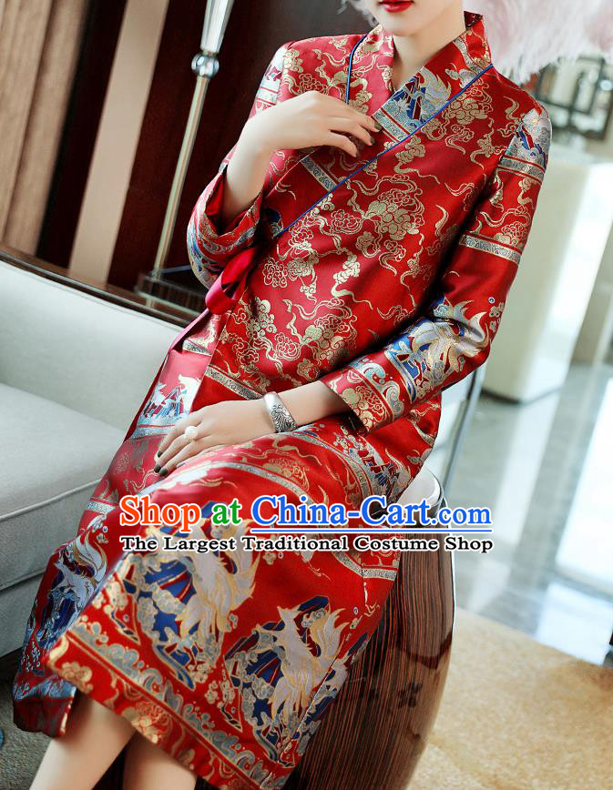 Chinese Tang Suit Red Brocade Cheongsam Costume Traditional Woman Qipao Dress