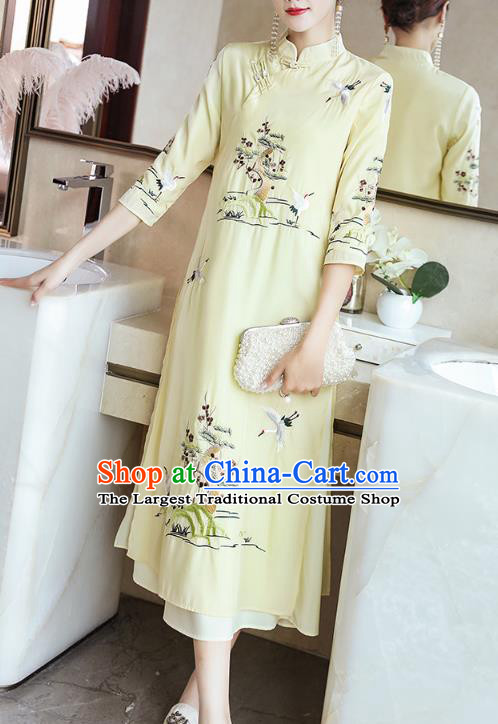 Chinese Stand Collar Qipao Dress Traditional Tang Suit Embroidered Light Yellow Cheongsam Zen Costume