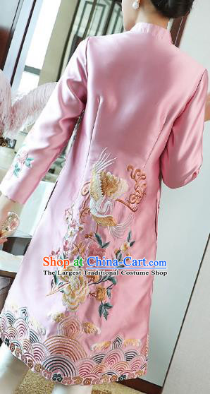 China National Embroidered Pink Brocade Dust Coat Traditional Tang Suit Outer Garment Cotton Wadded Coat