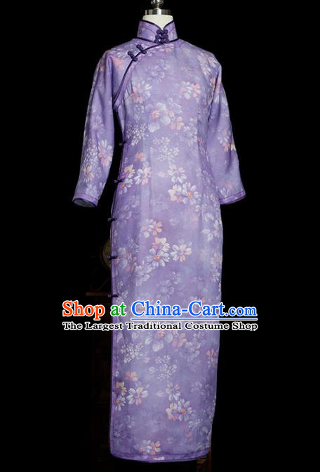 Republic of China Tang Suit Printing Violet Qipao Dress Traditional Minguo Classical Slim Cheongsam