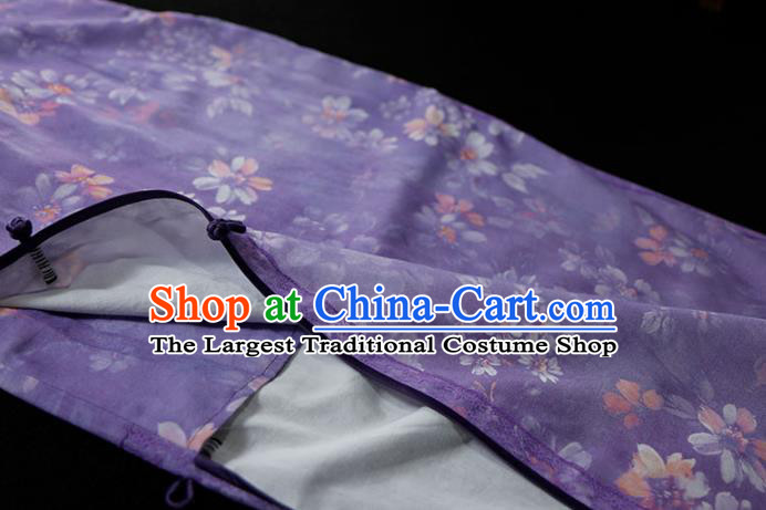 Republic of China Tang Suit Printing Violet Qipao Dress Traditional Minguo Classical Slim Cheongsam