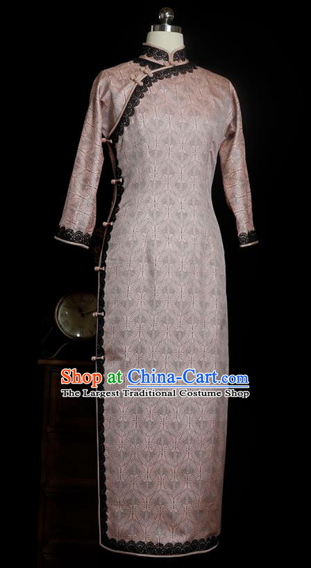 Republic of China Shanghai Woman Qipao Dress Traditional Minguo Classical Cranes Pattern Pink Cheongsam