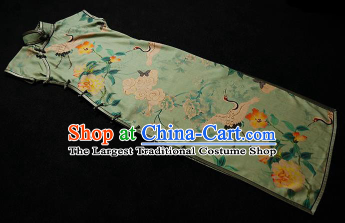 Republic of China Printing Green Gambiered Guangdong Gauze Qipao Dress Traditional Minguo Classical Shanghai Cheongsam