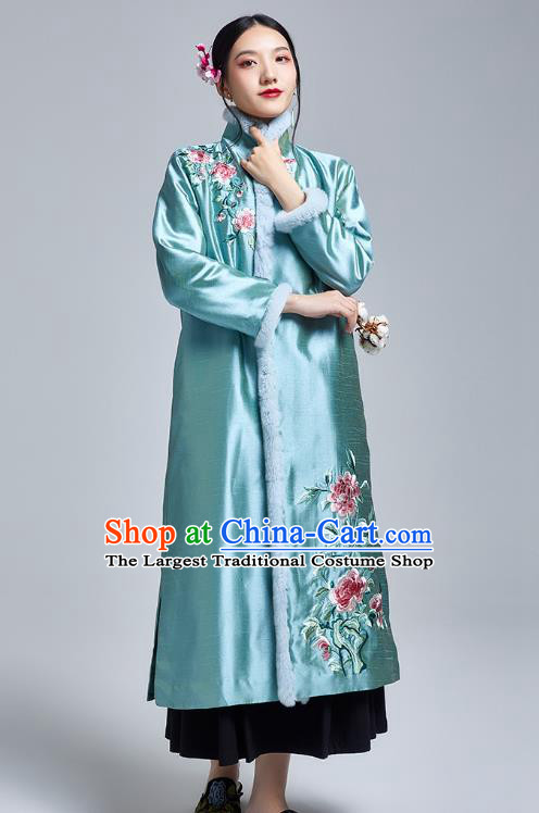 Chinese Traditional Tang Suit Cotton Wadded Coat National Embroidered Peony Blue Silk Dust Coat