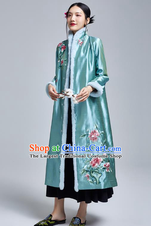 Chinese Traditional Tang Suit Cotton Wadded Coat National Embroidered Peony Blue Silk Dust Coat