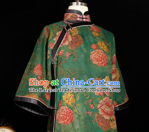 Republic of China Classical Printing Peony Cheongsam Traditional Minguo Shanghai Beauty Green Silk Qipao Dress
