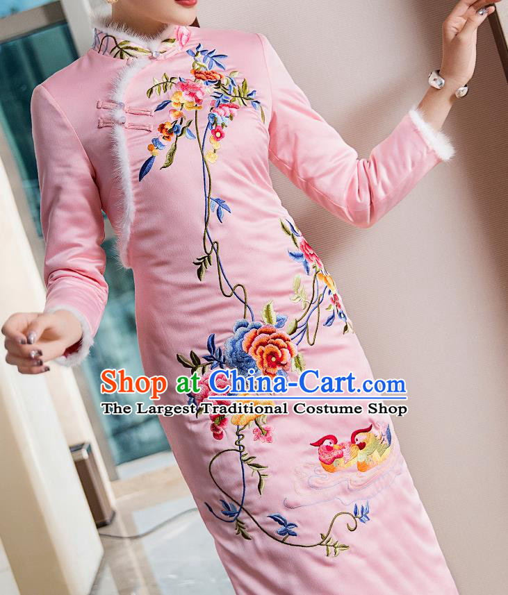 Chinese Tang Suit Cheongsam Bride Costume Traditional Wedding Embroidered Pink Qipao Dress