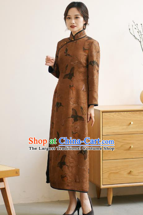 Republic of China Classical Butterfly Pattern Design Qipao Dress Top Brown Silk Female Cheongsam