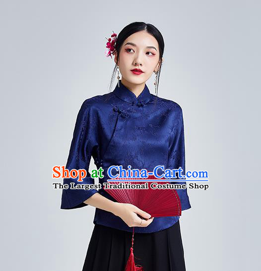 Chinese Traditional Tang Suit Upper Outer Garment Shirt Classical Cheongsam Royalblue Brocade Blouse