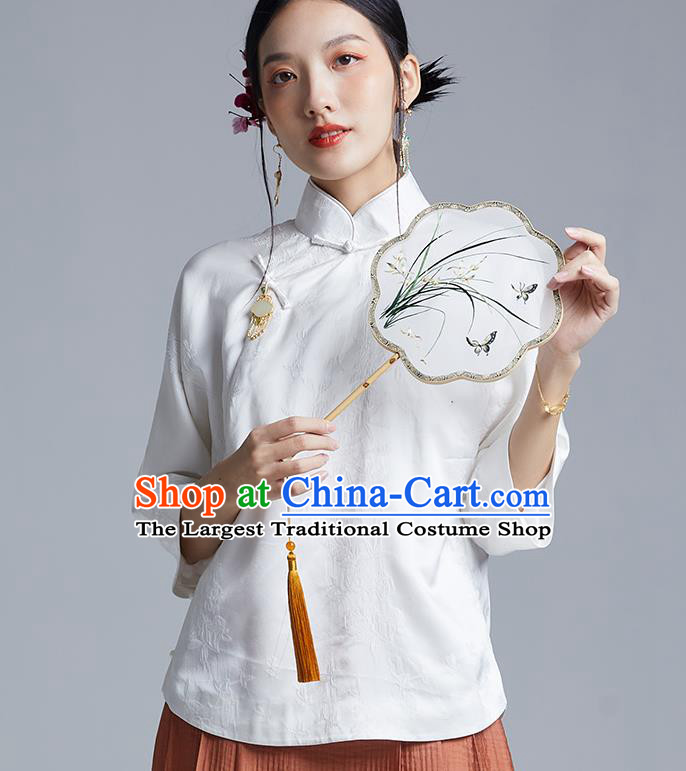 Chinese Traditional Tang Suit Shirt Upper Outer Garment Classical Cheongsam White Silk Blouse