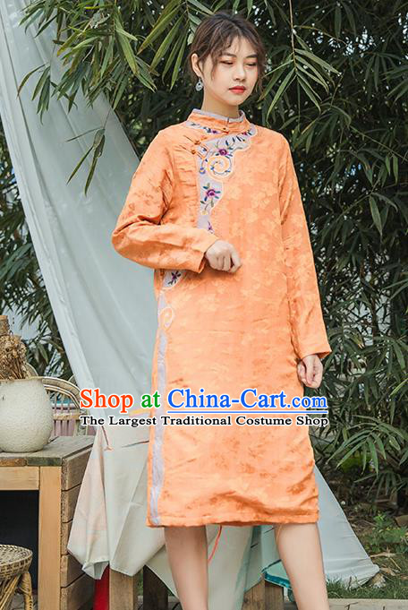 China Traditional Young Lady Qipao Dress Classical Embroidered Orange Cheongsam Costume
