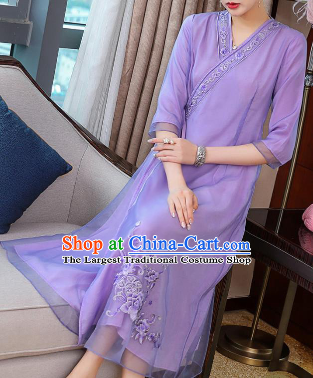 China Classical Young Woman Embroidered Cheongsam Costume Traditional Tang Suit Purple Organdy Qipao Dress