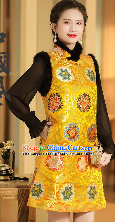 Chinese Traditional Tang Suit Yellow Brocade Vest National Winter Cotton Wadded Waistcoat