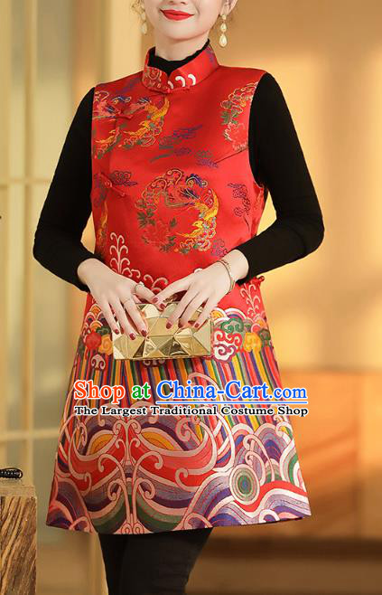 Chinese Traditional Tang Suit Vest Classical Phoenix Peony Pattern Red Brocade Waistcoat
