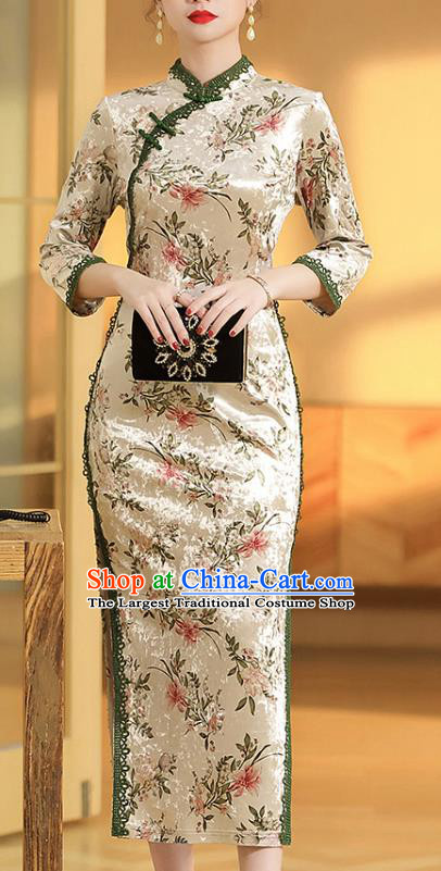 China Classical Beige Velvet Qipao Dress Traditional Tang Suit Printing Flowers Cheongsam Costume