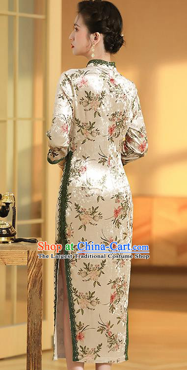 China Classical Beige Velvet Qipao Dress Traditional Tang Suit Printing Flowers Cheongsam Costume