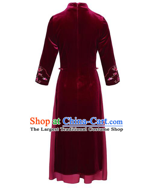 China Tang Suit Wine Red Velvet Qipao Dress Traditional Embroidered Plum Blossom Cheongsam Costume
