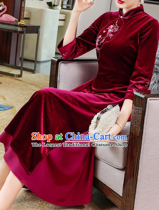China Tang Suit Wine Red Velvet Qipao Dress Traditional Embroidered Plum Blossom Cheongsam Costume
