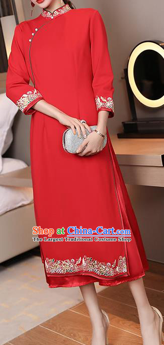 China Modern Dance Aodai Qipao Dress Traditional Tang Suit Embroidered Red Cheongsam Costume