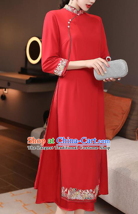 China Modern Dance Aodai Qipao Dress Traditional Tang Suit Embroidered Red Cheongsam Costume