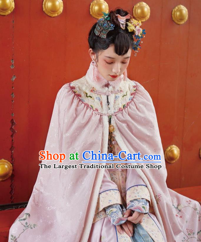 China Ancient Court Lady Cloak Clothing Traditional Qing Dynasty Palace Princess Embroidered Pink Cape