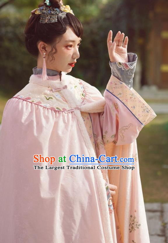 China Ancient Court Lady Cloak Clothing Traditional Qing Dynasty Palace Princess Embroidered Pink Cape