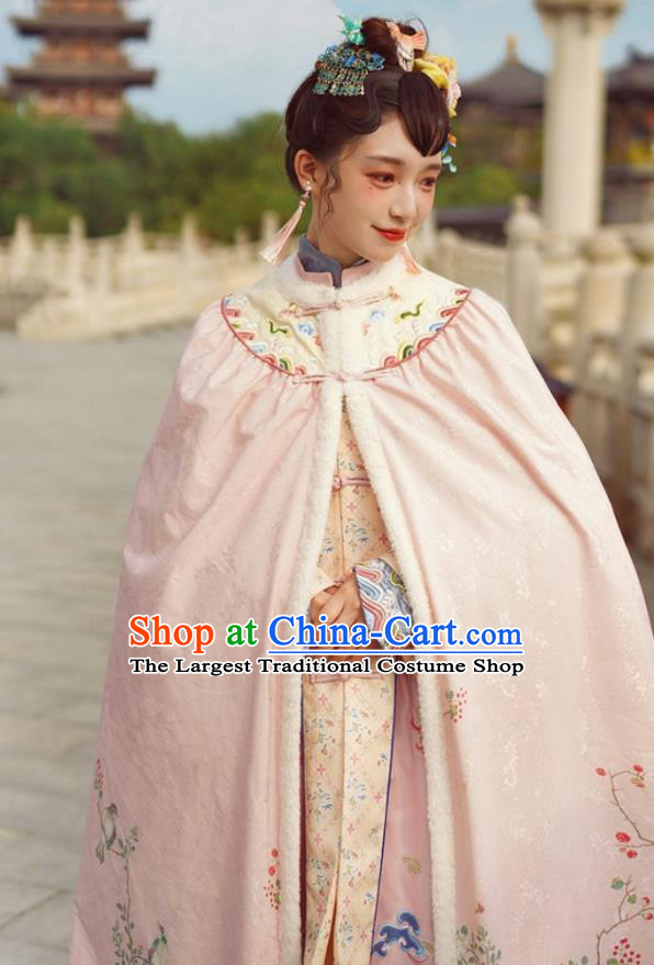 China Ancient Court Lady Cloak Clothing Traditional Qing Dynasty Palace Princess Embroidered Pink Cape