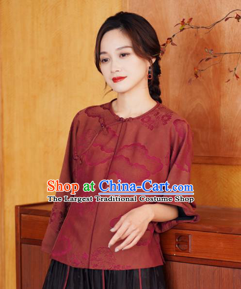 China Traditional Jacquard Watered Gauze Top Blouse National Dark Red Silk Shirt