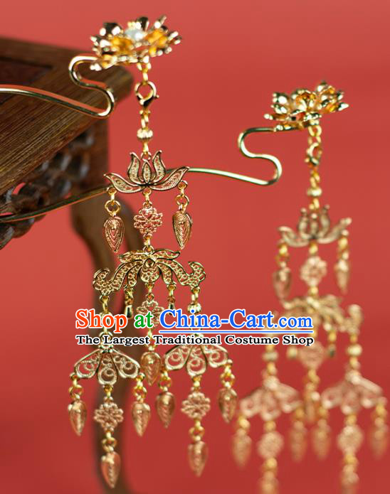 Chinese Traditional Hanfu Tassel Hairpin Hair Accessories Ancient Tang Dynasty Princess Golden Lotus Hair Stick