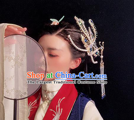 Chinese Handmade Hair Accessories Traditional Ming Dynasty Blue Crystal Phoenix Hairpin Ancient Princess Hair Stick