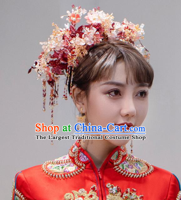 Chinese Bride Phoenix Coronet Traditional Wedding Hair Accessories Classical Xiuhe Suit Flowers Hair Crown