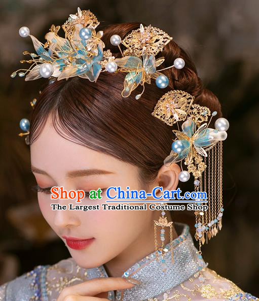Chinese Bride Tassel Hairpins Traditional Wedding Hair Accessories Classical Xiuhe Suit Blue Flower Hair Crown