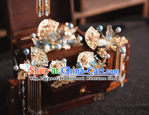 Chinese Bride Tassel Hairpins Traditional Wedding Hair Accessories Classical Xiuhe Suit Blue Flower Hair Crown