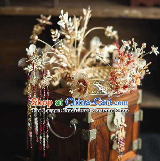 Chinese Traditional Wedding Hair Accessories Classical Xiuhe Suit Hair Crown Bride Tassel Hairpins