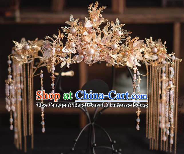 Chinese Classical Xiuhe Suit Hair Crown Bride Pink Flowers Phoenix Coronet Traditional Wedding Hair Accessories