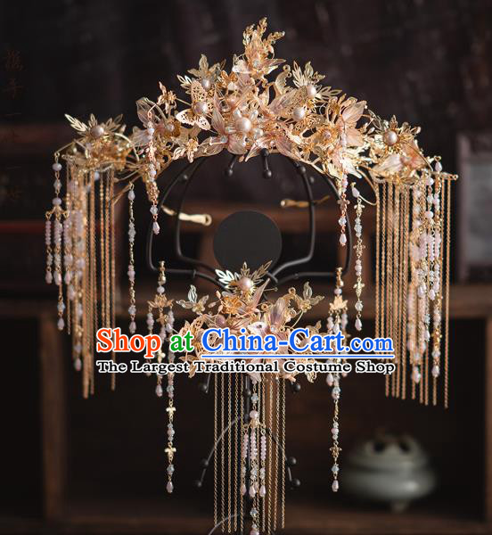 Chinese Classical Xiuhe Suit Hair Crown Bride Pink Flowers Phoenix Coronet Traditional Wedding Hair Accessories