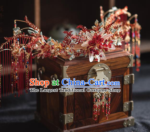 Chinese Bride Flower Phoenix Coronet Traditional Wedding Hair Accessories Classical Xiuhe Suit Red Tassel Hair Crown