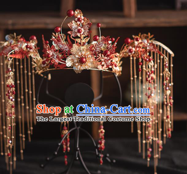 Chinese Bride Red Phoenix Coronet Classical Xiuhe Suit Crystal Hair Crown Traditional Wedding Hair Accessories