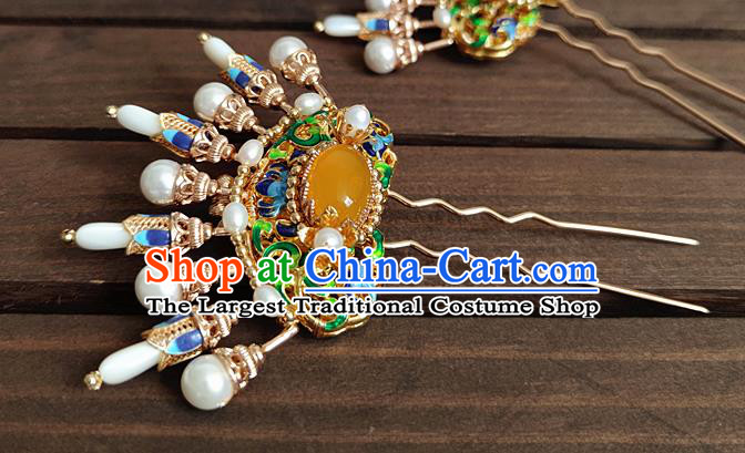 Chinese Traditional Ming Dynasty Princess Pearls Hair Stick Ancient Palace Lady Cloisonne Jade Hairpin