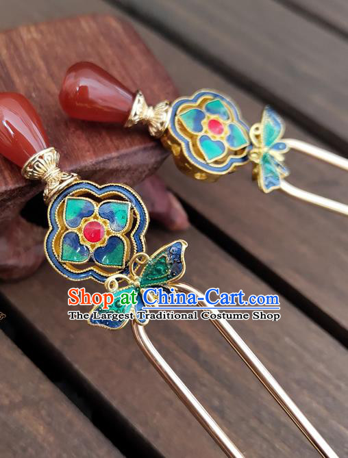 Chinese Traditional Hanfu Agate Hair Stick Ancient Palace Princess Cloisonne Butterfly Hairpin