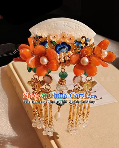Chinese Ancient Palace Lady Orange Flowers Tassel Hairpin Traditional Hanfu Shell Carving Fan Hair Stick
