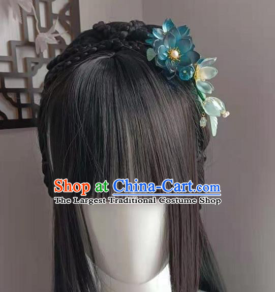 Chinese Ancient Palace Lady Hairpin Traditional Ming Dynasty Princess Blue Lotus Hair Comb