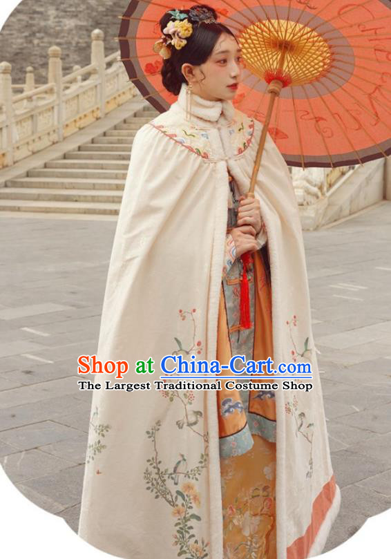 China Ancient Court Woman Embroidered Beige Long Cape Clothing Traditional Qing Dynasty Imperial Concubine Cloak