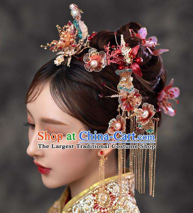 Chinese Classical Bride Flowers Hairpins Traditional Wedding Headwear Xiuhe Suit Blue Butterfly Hair Crown