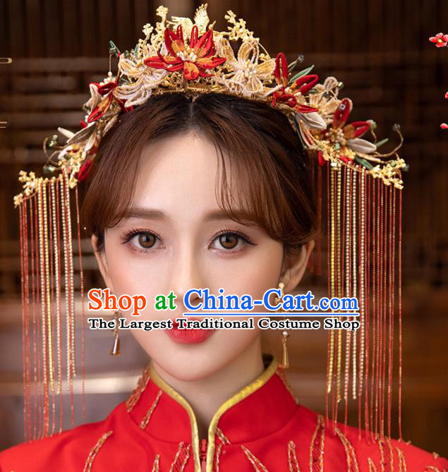 Chinese Classical Bride Beads Phoenix Coronet Traditional Wedding Headwear Xiuhe Suit Red Flowers Hair Crown