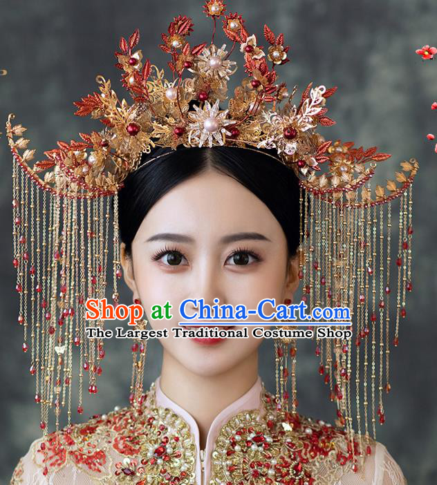 Chinese Classical Bride Tassel Hair Crown Traditional Wedding Hair Accessories Xiuhe Suit Phoenix Coronet