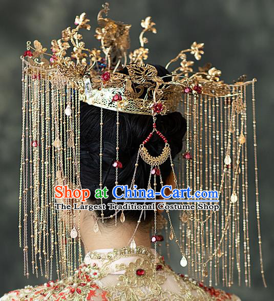 Chinese Classical Bride Phoenix Coronet Traditional Wedding Hair Accessories Xiuhe Suit Golden Peacock Hair Crown