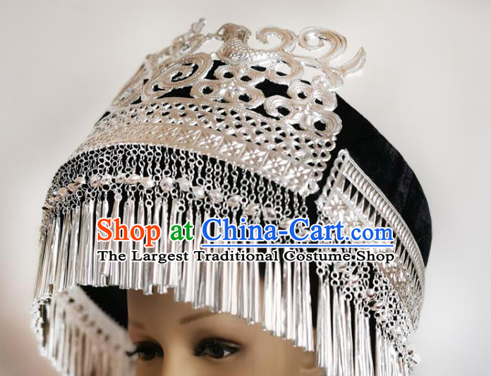 Chinese Liangshan Ethnic Stage Performance Headwear Traditional Yi Nationality Wedding Silver Tassel Hat
