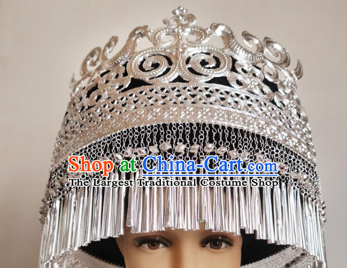 Chinese Liangshan Ethnic Stage Performance Headwear Traditional Yi Nationality Wedding Silver Tassel Hat